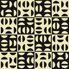 Poster - Black and white abstract chess cells. Vector pattern with checkers, and halves of a circle inside.