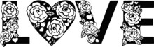 Pink Roses LOVE Lettering Pattern. Black Background And Illustration