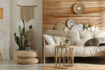 Poster - Living room interior with stylish decor and comfortable sofa