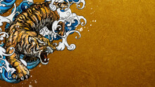 Cool Oriental Golden Background With Tiger And Waves