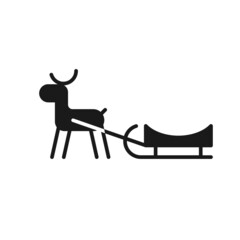 Wall Mural - Isolated black icon of deer with sled on white background. Silhouette of reindeer sledding. Logo flat design. Winter entertainment. Side view.