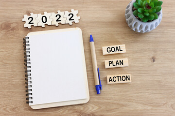 Wall Mural - Top view image of note with the text 2022 and the words – goal plan action