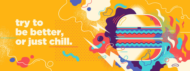 Wall Mural - Abstract fast food banner design with burger, splashing shapes  and slogan. Vector illustration.