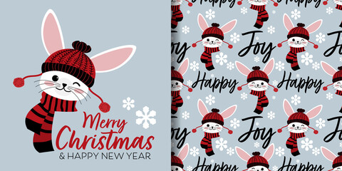 Wall Mural - Christmas holiday season banner with Merry Christmas text and seamless pattern of cute rabbit wear red scarf on light gray background with snowflakes. Vector illustration.