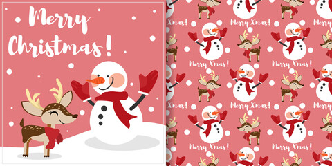 Wall Mural - Christmas holiday season banner with Merry Christmas text and seamless pattern of a snowman and a reindeer wear red scarf on pink background with snowflakes. Vector illustration.