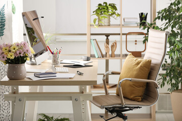 Sticker - Comfortable workplace with modern computer and stylish furniture in room. Interior design