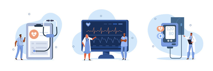 Wall Mural - Heart disease screening and diagnostic concept. Doctor checks blood pressure and examine cardiogram and pulse on EKG monitor. Flat cartoon vector illustration and icons set.