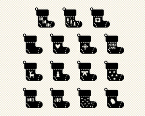Wall Mural - Christmas stockings silhouettes for laser cutting. Symbol of Christmas socks isolated. Great for Christmas gift tags, paper cards, posters and stickers. Hand drawn in flat cartoon simple style.