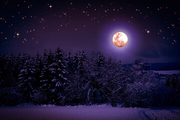 Wall Mural - Christmas star and full moon on night abstract sky.