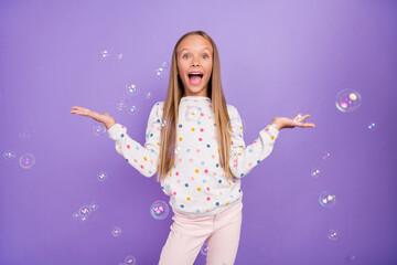 Sticker - Photo of excited crazy little lady soap bubble fly open mouth wear dotted pajama isolated purple color background