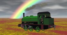 Green Steam Locomotive Drives Under The Rainbow