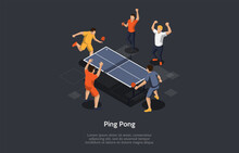 Ping Pong Game Concept Vector Illustration On Dark Background With Writings. Isometric Composition In Cartoon 3D Style. Characters, Objects. Group Of People Playing. Special Table With Net, Rackets