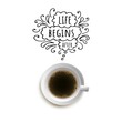 © designervector - Life begins after coffee. Hand drawn lettering card with cup of coffee. Motivation poster