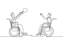 Single Continuous Line Drawing Joyful Disabled Young Man In Wheelchair Playing Basketball. Concept Of Adaptive Sports For Disabled People. Dynamic One Line Draw Graphic Design Vector Illustration