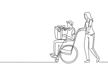 Wall Mural - Continuous one line drawing young female and disabled male in wheelchair. Woman shopping and give gift box to man. Disability rehabilitation, invalid people assistance. Single line draw design vector