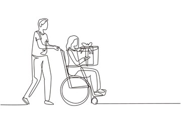 Wall Mural - Continuous one line drawing male and disabled female in wheelchair. Man shopping and give gift box to woman. Caregiver, Family moral support. Disability rehabilitation. Single line draw design vector