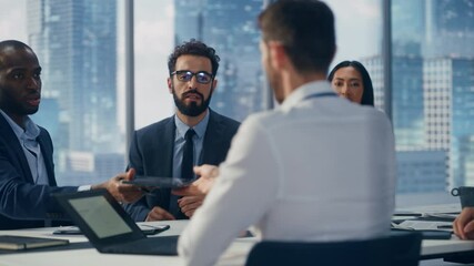 Wall Mural - Multi-Ethnic Office Conference Room Meeting: Diverse Team of Top Managers, Executives, Share Digital Tablet Computer Talk. Businesspeople Discuss Strategy, do Analysis. Slow Motion Medium Close-up