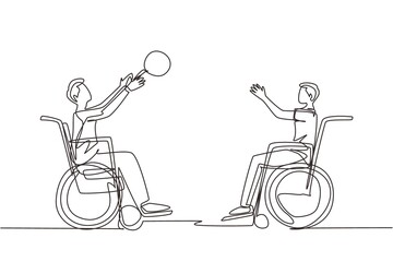 Poster - Single continuous line drawing joyful disabled young man in wheelchair playing basketball. Concept of adaptive sports for disabled people. Dynamic one line draw graphic design vector illustration