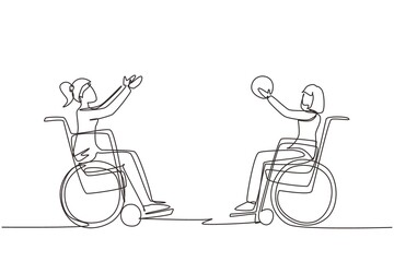 Wall Mural - Single one line drawing joyful disabled young woman in wheelchair playing basketball. Concept of adaptive sports for disabled people. Modern continuous line draw design graphic vector illustration