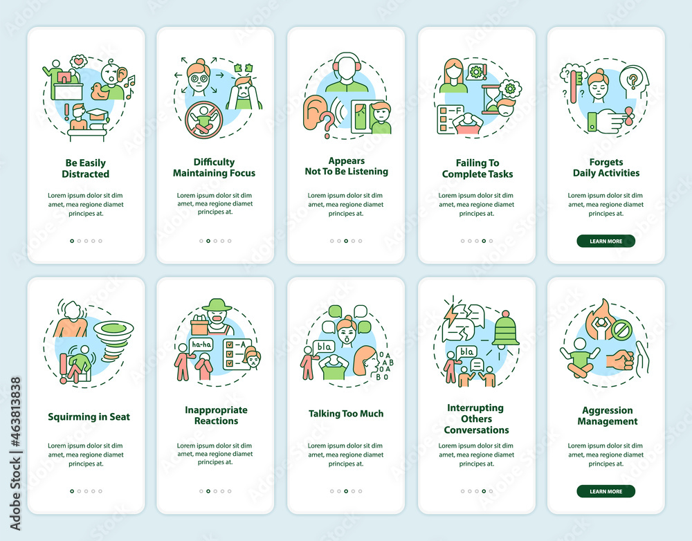 ADHD symptoms in adults onboarding mobile app page screen set ...