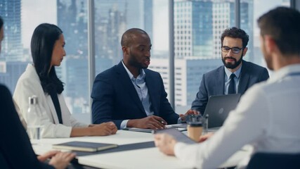 Poster - Modern Multi-Ethnic Office Conference Room Meeting: Ambitious Motivated Black Businessman Presenting Investment Strategy to Partners, Pitching Investment Strategy. Diverse Team Businesspeople Talk