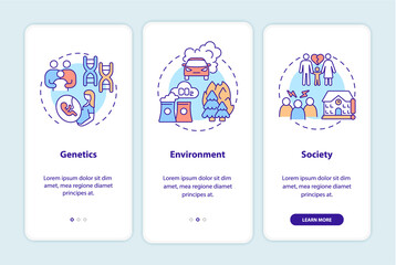 ADHD causes onboarding mobile app page screen. Genetics and environment walkthrough 3 steps graphic instructions with concepts. UI, UX, GUI vector template with linear color illustrations