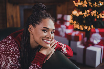 Sticker - Photo of adorable positive lady enjoy comfy evening shiny smile wear pullover in decorated home indoors