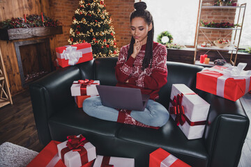 Sticker - Photo of minded pensive lady sit sofa read netbook x-mas news wear pullover in decorated home indoors