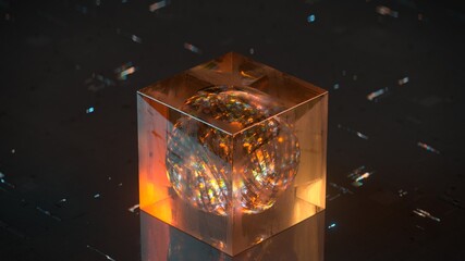 orange sci-fi cube with ball of energy inside. futuristic biotech concept. 3d rendering