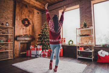 Sticker - Rear back view photo of carefree lady enjoy dance raise hands wear pullover in decorated home indoors