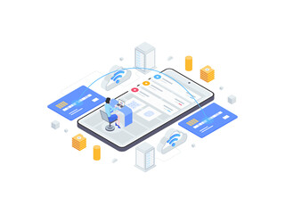 Wall Mural - Mobile Transfer Isometric Flat Illustration. Suitable for Mobile App, Website, Banner, Diagrams, Infographics, and Other Graphic Assets.