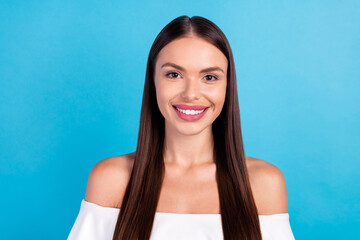 Sticker - Photo of positive charming cute lady shiny beaming smile wear white blouse isolated blue color background