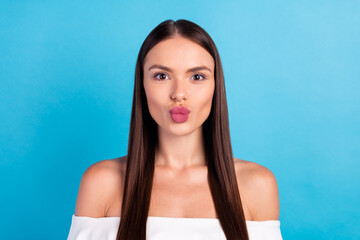 Canvas Print - Photo of romantic lady pout lips send blow air kiss wear white blouse isolated blue color background