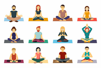 Wall Mural - People on rugs meditate in lotus position set. Concentrated men and women peacefully relax doing yoga exercise to spiritual create harmony in themselves and towards nature. Vector cartoon balance.