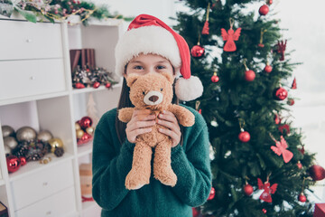 Poster - Photo of adorable cute nice little lady hold fluffy bear wear x-mas hat jumper in decorated home indoors