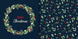 Christmas wreath and leaves seamless pattern