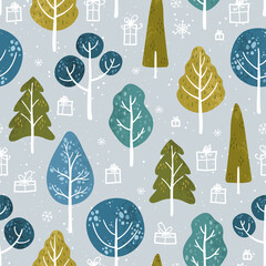 Wall Mural - Lovely hand drawn colorful trees, winter theme, doodle wood with gift boxes and snowflakes - great for textiles, banners, wrapping, wallpapers - vector design