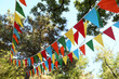 Colorful bunting flags in park. Party decor
