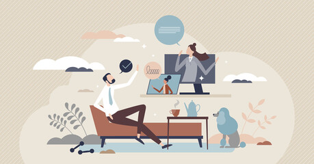 Wall Mural - Hybrid team with work from home of office combination tiny person concept. Flexible structure for workspace and distant online job opportunity vector illustration. Video call for effective business.