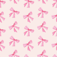Watercolor Seamless Pattern With Mistletoe And Pink Bow Isolated On Pink Background.Good For Fabrics,textile,clothes.