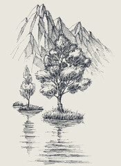 Wall Mural - Lake in the mountains, trees reflections in the water carbon drawing