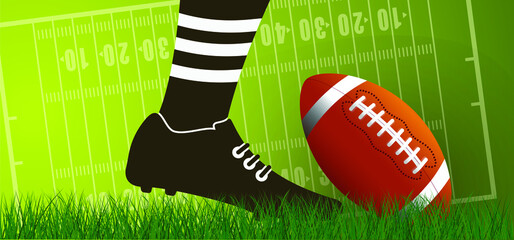 Wall Mural - American football white shoe on green grass field. Sport team game cup. Rugby ball day. Super bowl weekend party. USA, sport finale, school games or on street. Vector template background sign. Shoes