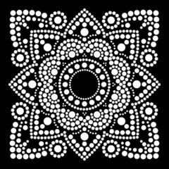 Canvas Print - Dot art vector ethnic mandala in square, traditional indigenous Aboriginal dot painting design from Australia in white on black background
 