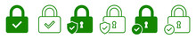 Set Of Security Lock Icons. Circle And Shield With Lock Icon With Check Mark. Security Lock, Cyber Defence. Vector Illustration.