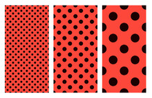 Lady Bug Seamless Pattern Set. Collection Of Polka Dot Retro Vector Background. Fabric Swatch With Black Circles On Red. Ladybug Repeat Tile. Nature Print.