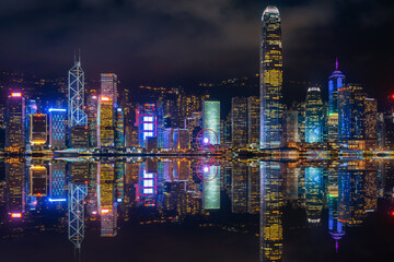 Fototapete - Cityscape with skyscraper at night in Hong Kong.
