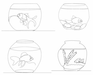 one continuous line drawing aquarium with fish, vector