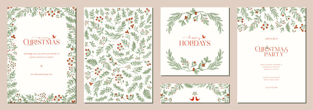 merry and bright corporate holiday cards. universal abstract creative artistic templates with birds,
