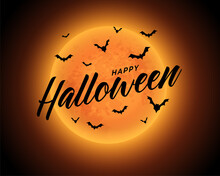 Orange Moon Happy Halloween Background With Flying Bats
