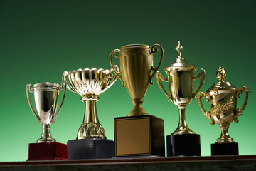 low angle view winning trophy against green background